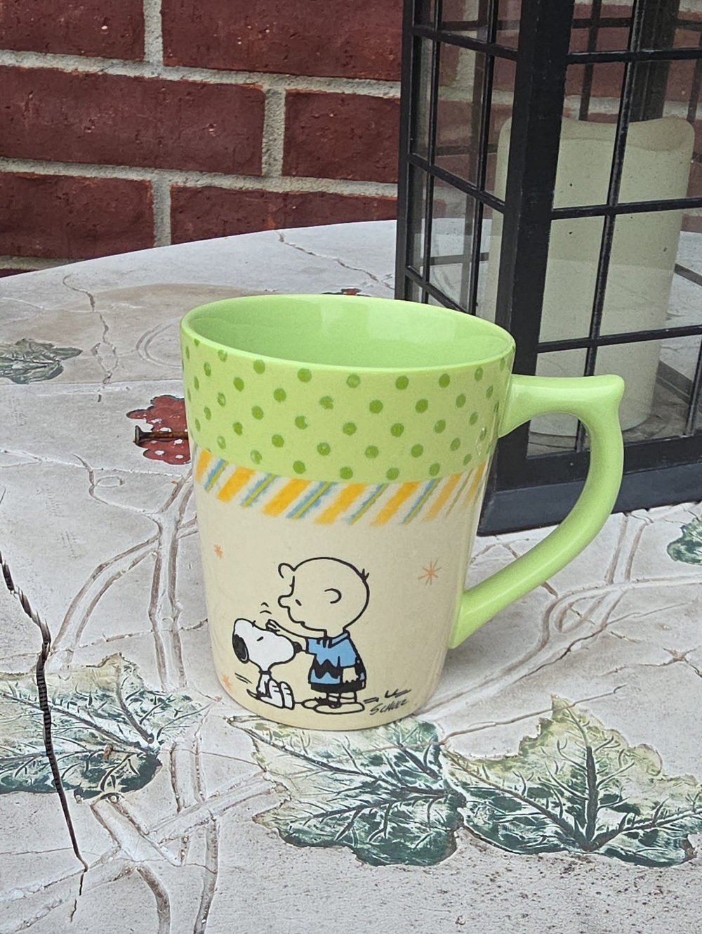 Charlie Brown Ceramic Mug in Light Green Polka Dot Accent